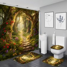 4 Pcs Enchanted Forest Shower Curtain Set Nature Garden Bathroom Sets with Showe — custom printed polyester bath curtain