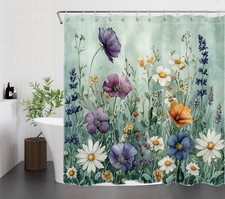 Green Leaf Yellow Daisy Purple Floral Shower Curtain Set for Bathroom Decor — custom printed polyester bath curtain