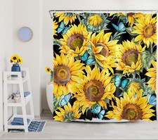 Watercolor Butterfly Sunflower on Black Shower Curtain Bathroom Accessories Set — custom printed polyester bath curtain