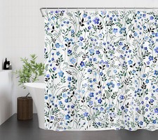 Farmhouse Green Plant Leaf Blue Wildflower Shower Curtain Set for Bathroom Decor — custom printed polyester bath curtain