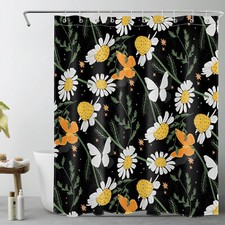 Green Leaf Yellow Butterfly Floral Black Shower Curtain Bathroom Accessories Set — custom printed polyester bath curtain