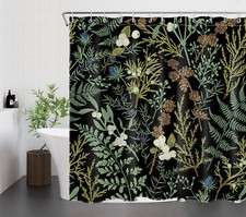 Country Sage Green Leaf Botanical Black Shower Curtain Set for Bathroom Decor — custom printed polyester bath curtain
