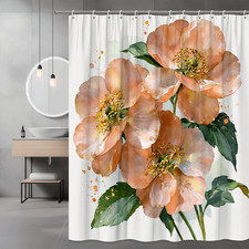 Peach Watercolor Floral Shower Curtain, Pink Green Flower Print — custom printed polyester bath curtain