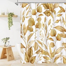 Litabel Yellow Gold Plant Shower Curtain, Botanical Leaves on White Background — custom printed polyester bath curtain