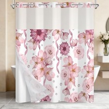 Hook-Free Girly Pink Shower Curtain 71"W x 74"L (Pack of 1) Subtle Pink Floral — custom printed polyester bath curtain