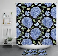 Vintage Blue Hydrangea Floral on Black Shower Curtain Bathroom Accessories Set — custom printed polyester bath curtain