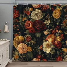 Black Floral Shower Curtain, Vintage Dark Flower Blosom Rose Plants Bathroom ... — custom printed polyester bath curtain