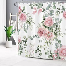 Spring Garden Green Eucalyptus Pink Floral Shower Curtain Set for Bathroom Decor — custom printed polyester bath curtain