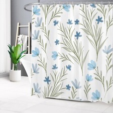 Botanical Green Leaf Blue Floral on White Shower Curtain Set for Bathroom Decor — custom printed polyester bath curtain