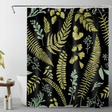 Spring Botanical Sage Green Leaf Black Shower Curtain Set for Bathroom Decor — custom printed polyester bath curtain