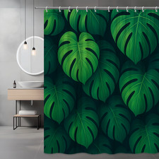 Green Tropical Monstera Leaves Shower Curtain — custom printed polyester bath curtain