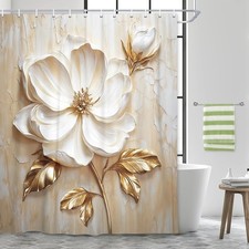 Chic Elegant Floral Shower Curtain, Modern Minimalist Abstract White and Gold... — custom printed polyester bath curtain