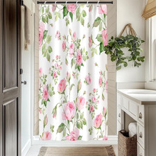 Pink Floral Shower Curtain Set Green Plant Romantic Rose Bathroom Decor Set Wate — custom printed polyester bath curtain
