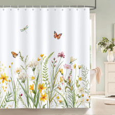 Floral Shower Curtain, Yellow White Wildflower Plant Butterfly Spring Summer Bat — custom printed polyester bath curtain