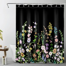 Green Leaf Pink Wildflower Fall Black Shower Curtain Bathroom Accessories Set — custom printed polyester bath curtain