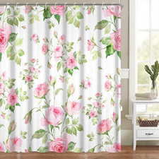 Pink Floral Shower Curtain Set Green Plant Romantic Rose Bathroom Decor Set Wate — custom printed polyester bath curtain
