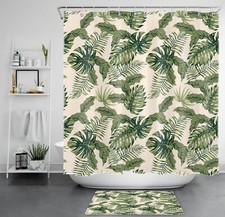 Jungle Green Tropical Leaf on Beige Shower Curtain Bathroom Accessories Set — custom printed polyester bath curtain