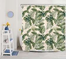 Tropical Plant Green Monstera Leaf Beige Shower Curtain Set for Bathroom Decor — custom printed polyester bath curtain