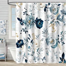 Blue Floral Shower Curtain Teal Navy White Peony Gold Leaves Waterproof 72x72 — custom printed polyester bath curtain