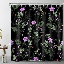 Rustic Wildflower Shower Curtain Green Purple Flower Botanical on Black — custom printed polyester bath curtain