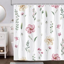 72x72 Inch Pink Beige Floral Watercolor Flower Leaves Shower Curtain 12 Hooks — custom printed polyester bath curtain