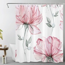 Spring Botanical Grey Leaf Pink Floral Shower Curtain Set for Bathroom Decor — custom printed polyester bath curtain