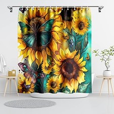 Big Yellow Sunflower Shower 72"W x 72"L (Pack of 1) A001 Yellow and Green — custom printed polyester bath curtain