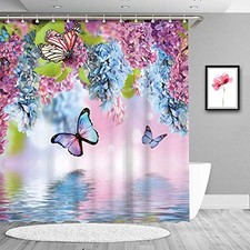 Butterfly Shower Curtains with Hooks, Floral Shower 72"W X 72"H Blue Butterfly — custom printed polyester bath curtain