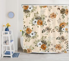 Green Leaf Orange and Beige Wildflower Shower Curtain Bathroom Accessories Set — custom printed polyester bath curtain