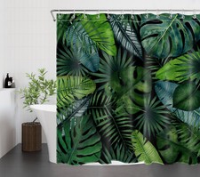 Tropical Botanical Green Palm Leaf Black Shower Curtain Set for Bathroom Decor — custom printed polyester bath curtain