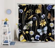 Blue Butterfly Daisy Gold Wheat on Black Shower Curtain Set for Bathroom Decor — custom printed polyester bath curtain