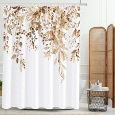 Tan Eucalyptus Watercolor Brown Leaves Floral Shower Curtain 72x72 Inch — custom printed polyester bath curtain