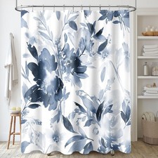 Long Shower Curtain 72x78 Inch, Tall Watercolor Navy Blue Floral Decor — custom printed polyester bath curtain