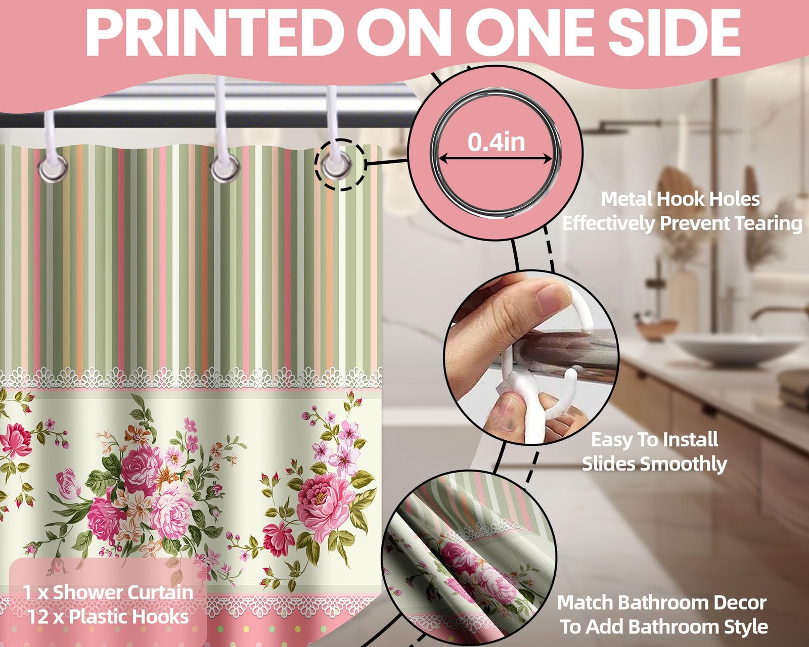 Custom Printed Bath Curtain — custom printed polyester bath curtain detail view