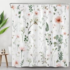 Summer Green Eucalyptus Leaf Pink Floral Shower Curtain Set for Bathroom Decor — custom printed polyester bath curtain