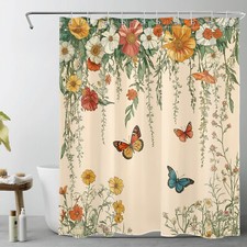 Blue Butterfly Yellow Floral on Beige Shower Curtain Bathroom Accessories Set — custom printed polyester bath curtain