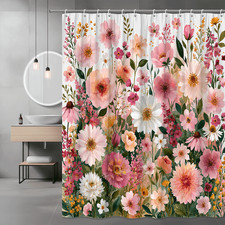 Floral Shower Curtain Pink Peach Watercolor Flower Garden Print — custom printed polyester bath curtain