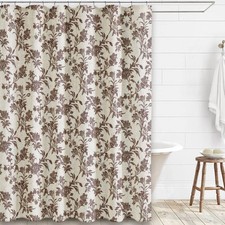 Extra Long Brown Shower Curtain Floral Cotton Linen Cottagecore 90x72 Inch — custom printed polyester bath curtain