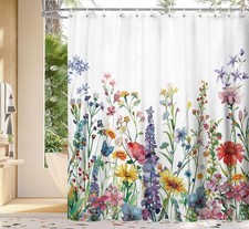 Rustic Boho Floral Shower Curtain, Colorful Watercolor Wildflowers, 70x70in, Hoo — custom printed polyester bath curtain