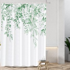 Mint Green Eucalyptus Shower Curtain Set, 36x72 Inch, Watercolor Leaves, Hooks — custom printed polyester bath curtain