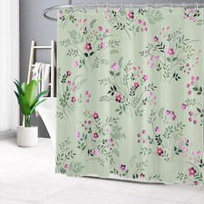Sage Green Plant Leaf Pink Wildflower Shower Curtain Set for Bathroom Decor — custom printed polyester bath curtain