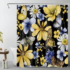 Vivid Blue Butterfly Yellow Floral Black Shower Curtain Bathroom Accessories Set — custom printed polyester bath curtain