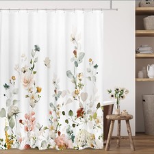 White Floral Shower Curtain Set Watercolor Pink Red Flowers Waterproof 71x84 — custom printed polyester bath curtain