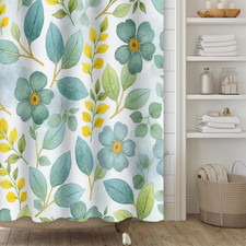 Teal Blue Floral Shower Curtain,Cyan Flower Shower Curtain Set for Bathroom,Gree — custom printed polyester bath curtain