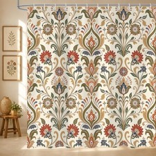 Vintage Floral Shower Curtain Colourful Boho Botanical Paisley Bathroom Beige — custom printed polyester bath curtain