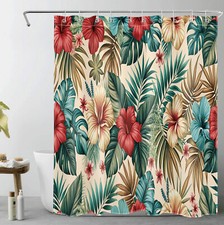 Tropical Green Leaf Yellow Floral Beige Shower Curtain Set for Bathroom Decor — custom printed polyester bath curtain