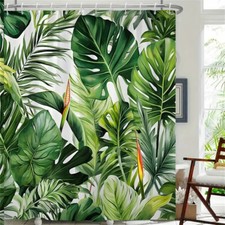 Tropical Paradise Watercolor Palm Leaves Waterproof Shower Curtain Bathroom — custom printed polyester bath curtain