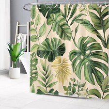 Country Plant Green Monstera Leaf Beige Shower Curtain Set for Bathroom Decor — custom printed polyester bath curtain