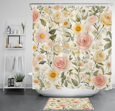 Garden Green Leaf Yellow Daisy Pink Floral Shower Curtain Set for Bathroom Decor — custom printed polyester bath curtain