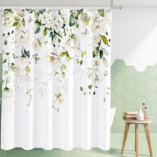 72x72 Inch Blooming White Floral Watercolor Green Leaves Shower Curtain Set — custom printed polyester bath curtain